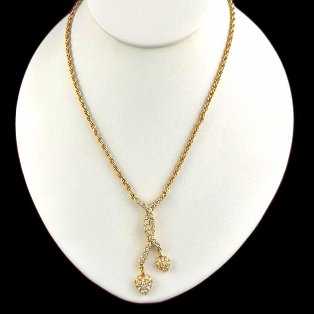 Swarovski signed Double Crystal Heart Dangle Pendant Lavalier Necklace gold tone